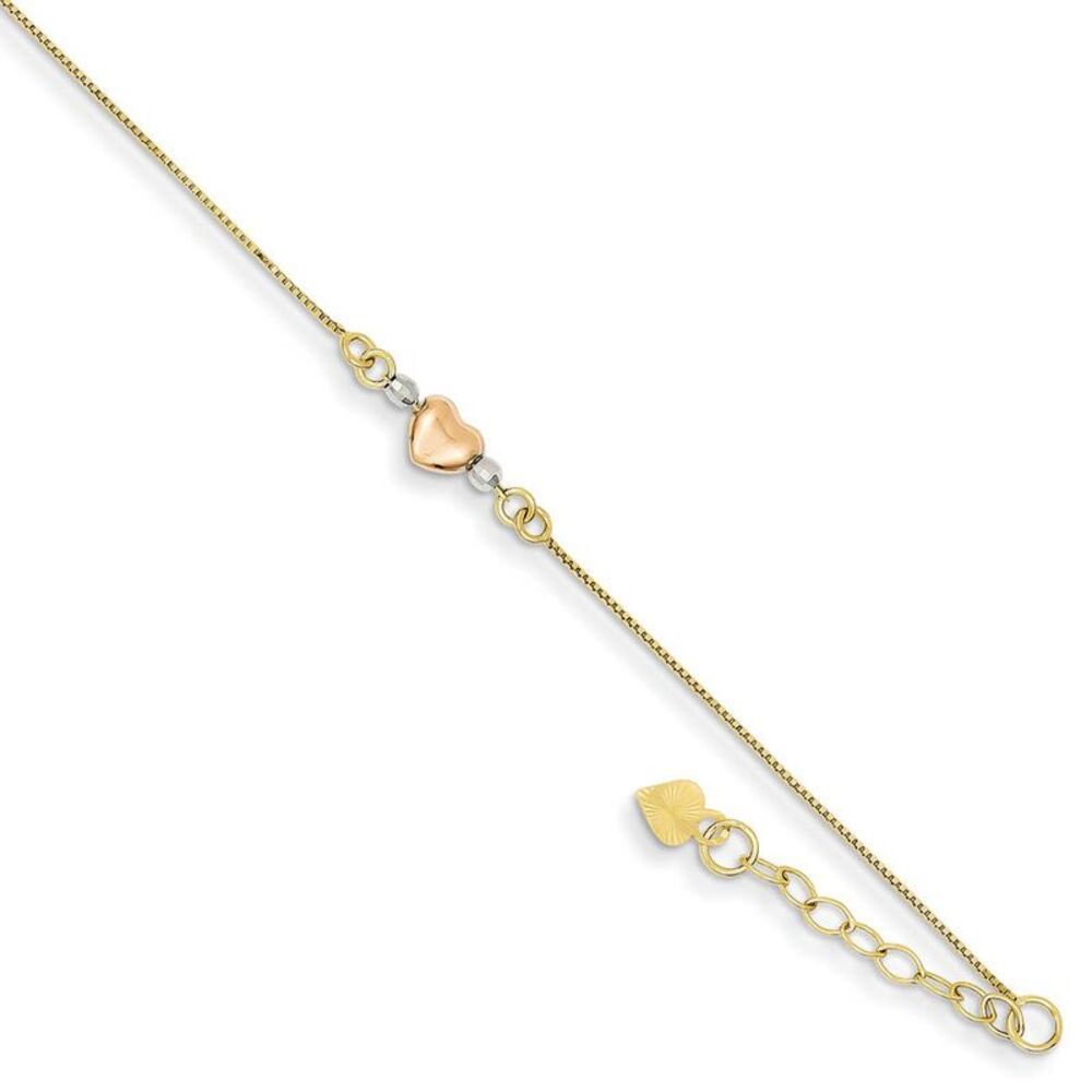 14k Gold Tri-Color Adjustable Puffed Heart, 9 inch